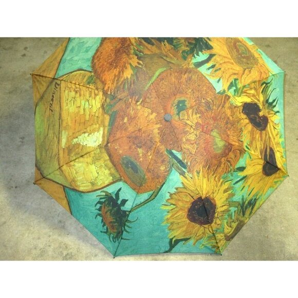 Sunflowers Van Gogh Print Compact Travel Rain Umbrella Unisex Gold Turquoise NWT - Picture 3 of 7